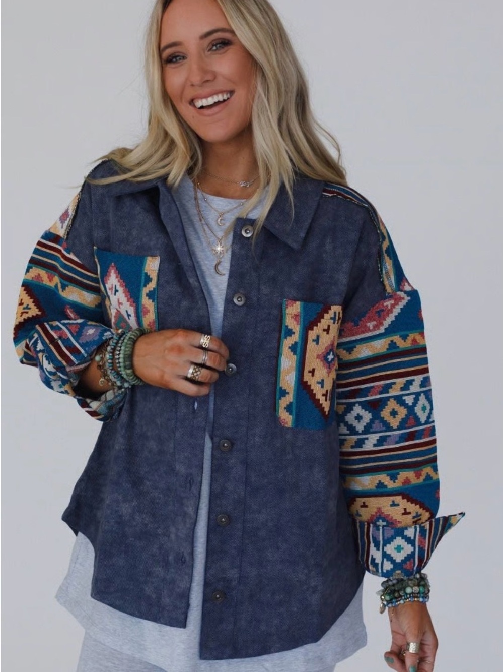 Aztec Patchwork Sleeve Button-Front Jacket - Navy. Size small. PTP is 22.